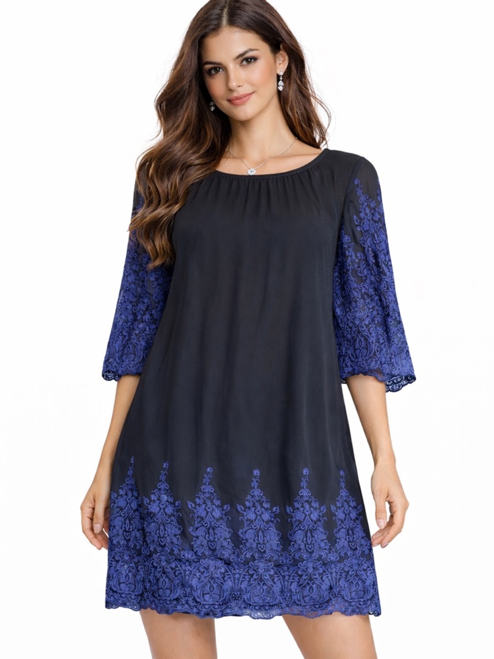 NWT Love Sam Lace Embroidered Off Shoulder Boho Dress Womens XS Black Blue
